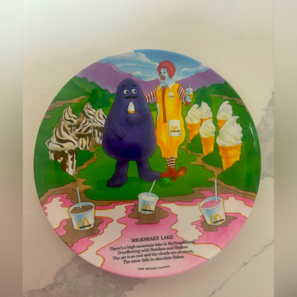 Vintage Y2K McDonald's Ronald McDonald Grimace Milkshake Lake Plate 1989 Plastic